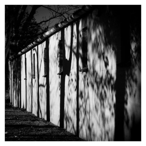 shadow cast on the outside of a bring and concrete block building