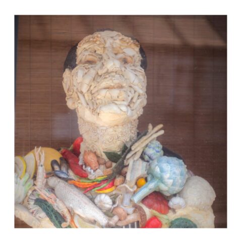 Food bust in an antique shop window, Clun Food bust in an antique shop window, Clun