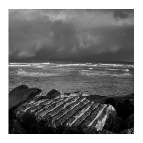 Aberaeron Costal Defence Scheme - rock armour boulder in stormy weather